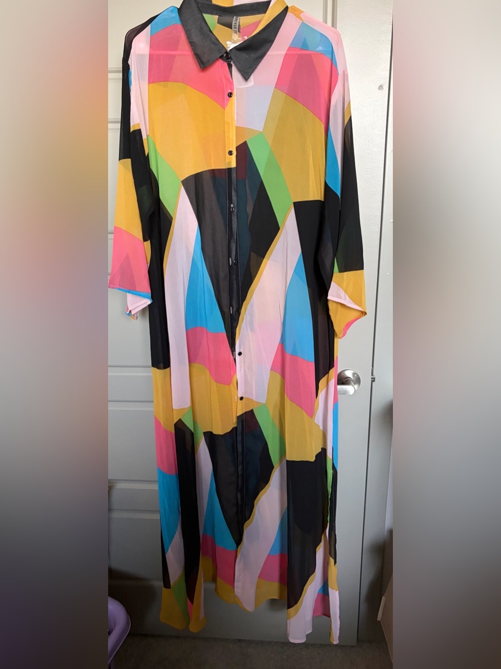 Sheer Multicolor Geometric Button-Down dress